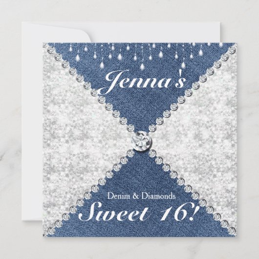 Denim & Diamonds Sparkle Bling Feest Uitnodiging (Voorkant)