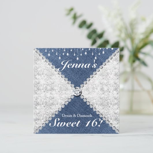 Denim & Diamonds Sparkle Bling Party Uitnodiging (Staand voorkant)