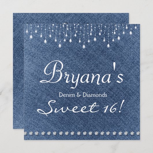 Denim Diamonds Sparkle Bling Sweet 16 Uitnodiging (Voorkant / Achterkant)