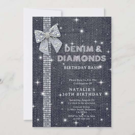 Denim & Diamonds Sparkling Navy Bow Verjaardagsfee Kaart (Voorkant)