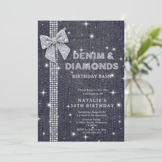 Denim & Diamonds Sparkling Navy Bow Verjaardagsfee Kaart (Staand voorkant)