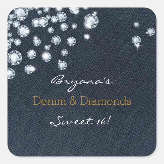 Denim & Diamonds Sweet 16 verjaardagsfeeststickers Vierkante Sticker (Voorkant)