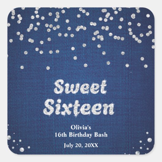 Denim & Diamonds Sweet Sixteen 16e verjaardag Vierkante Sticker (Voorkant)