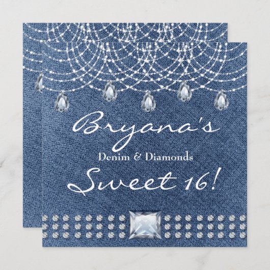Denim Diamonds Teardrop Bling Sweet 16 Uitnodiging (Voorkant / Achterkant)