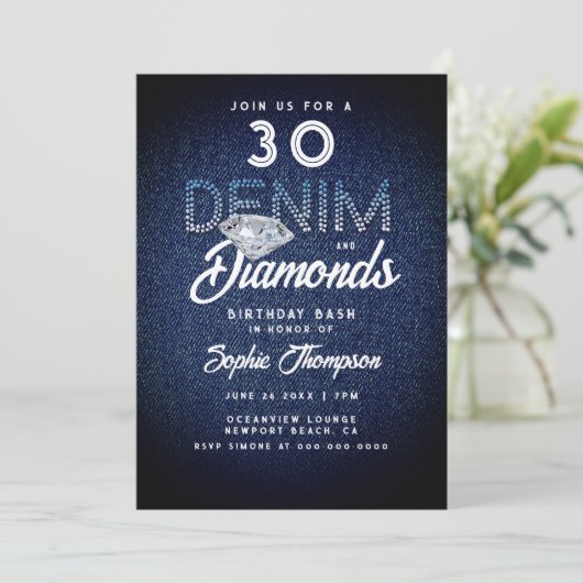 Denim Diamonds Typografie 30th Birthday Party Kaart (Staand voorkant)