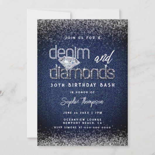 Denim Diamonds Typografie Chic 30th Birthday Party Kaart (Voorkant)