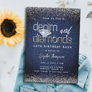 Denim Diamonds Typografie Chic 30th Birthday Party Kaart