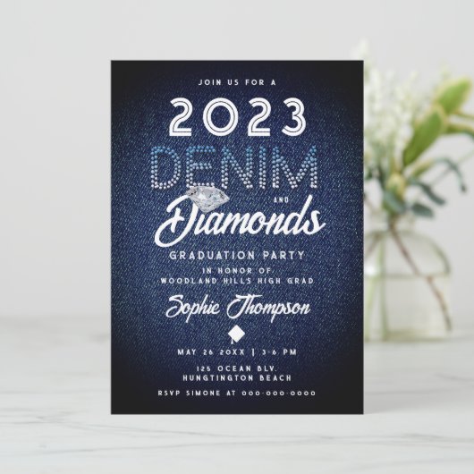 Denim Diamonds Typografie Modern Graduation Party Kaart (Staand voorkant)
