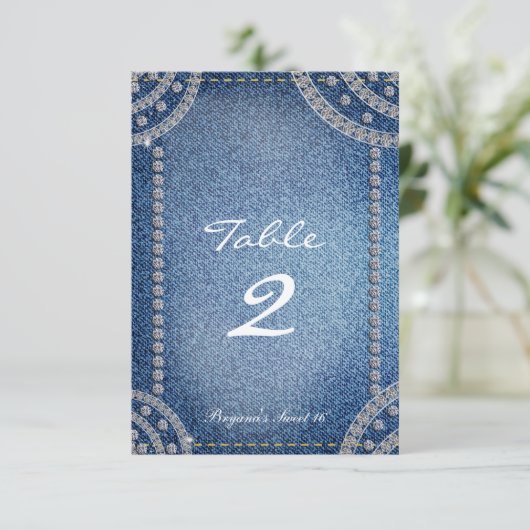 Denim & Diamonds Verjaardagsfeest Tafelnummer Kaar (Staand voorkant)