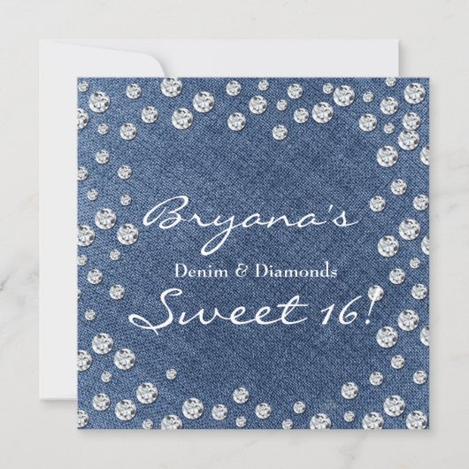 Denim Diamonds Verstrooide Bling Sweet 16 Uitnodig Kaart (Voorkant)