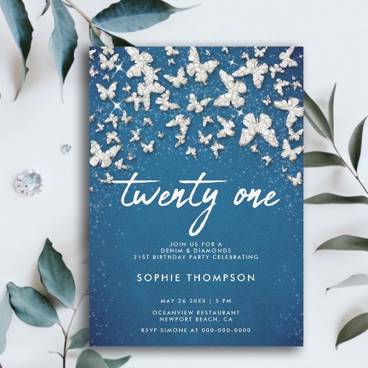 Denim Diamonds Vlinders Glitter Blauw 21e dag Kaart