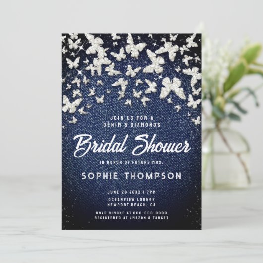 Denim Diamonds Vlinders Script Vrijgezellenfeest Kaart (Staand voorkant)