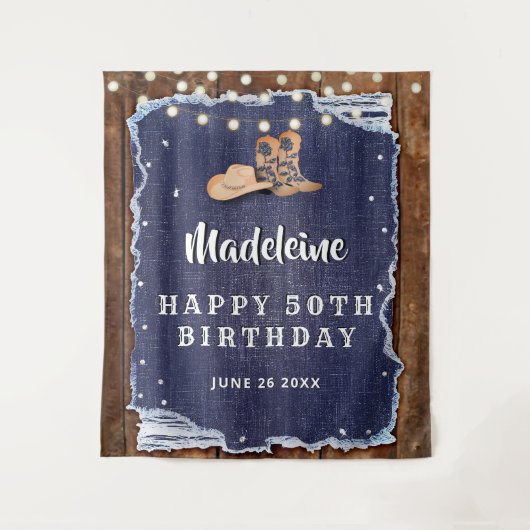 Denim Diamonds Westerse Rustieke Verjaardag Achter Wandkleed (Voorkant)