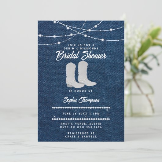 Denim Diamonds White Boots Lights Vrijgezellenfees Kaart (Staand voorkant)