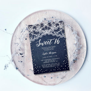 Denim Diamonds White Lace Sweet 16 Birthday Party Kaart