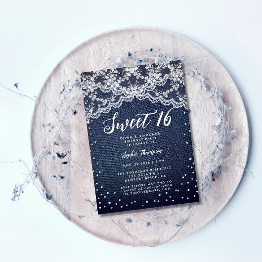 Denim Diamonds White Lace Sweet 16 Birthday Party Kaart