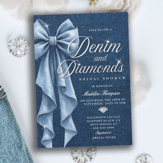 Denim Diamonds Wit Blauwe Strik Bruidsdouche Kaart