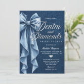 Denim Diamonds Wit Blauwe Strik Bruidsdouche Kaart (Staand voorkant)