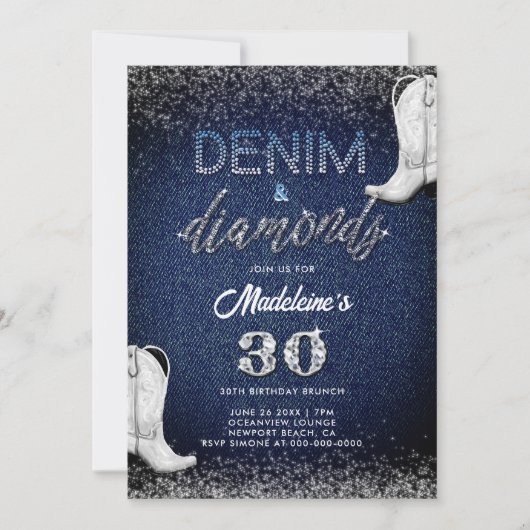 Denim Diamonds Witte laarzen Brunch 30e verjaardag Kaart (Voorkant)