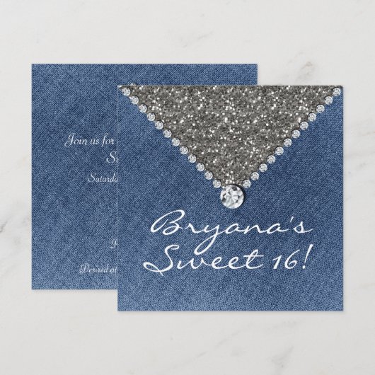 Denim Diamonds Zilver Glitter Sweet 16 Uitnodiging (Voorkant / Achterkant)