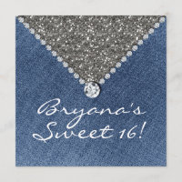 Denim Diamonds Zilver Glitter Sweet 16 Uitnodiging