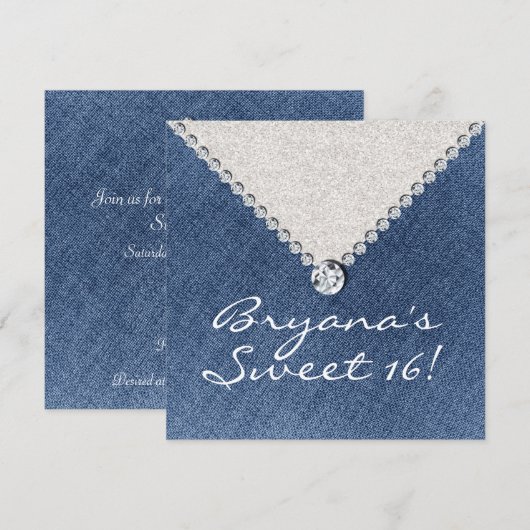 Denim Diamonds Zilver Glitter Sweet 16 Uitnodiging (Voorkant / Achterkant)
