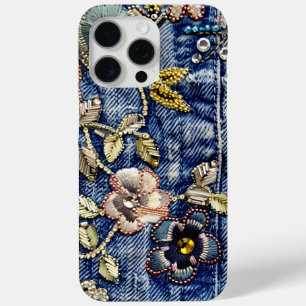 Denim Dreamland bloeien: Rhinestone-Enhanced Blue iPhone 15 Pro Max Hoesje