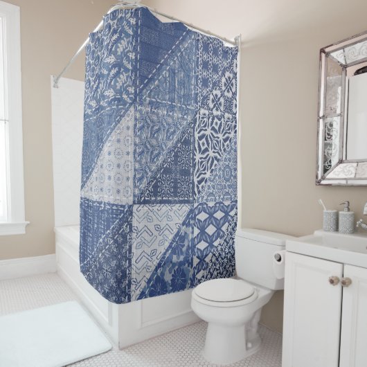 Denim driehoek Patchwork  textuur. Douchegordijn (In situ)