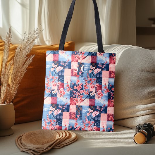 Denim en Bloemen Patchwork met Cherry Blossom Tote Bag