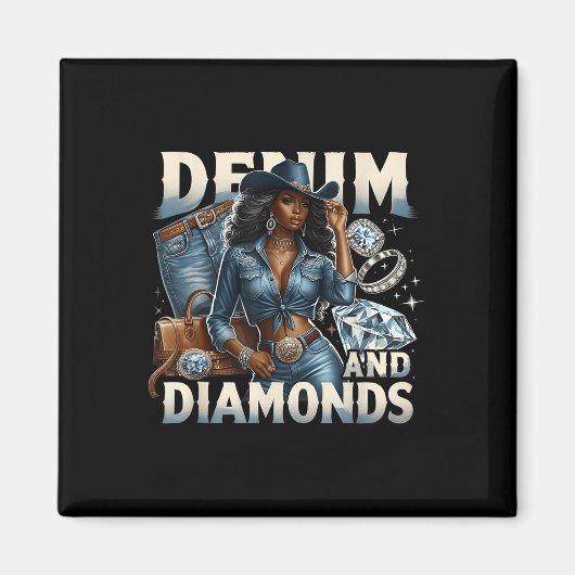 Denim en diamanten Afrikaanse Melanine Swag Cowgir Magneet (Voorkant)