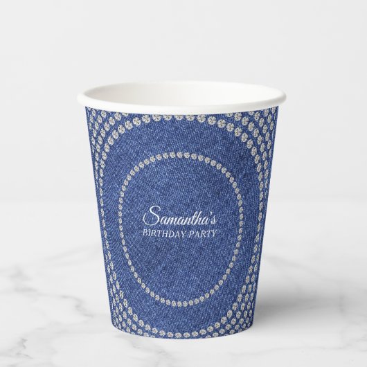 Denim en diamanten Blauwe jeans Bling verjaardagsf Papieren Bekers (Voorkant)