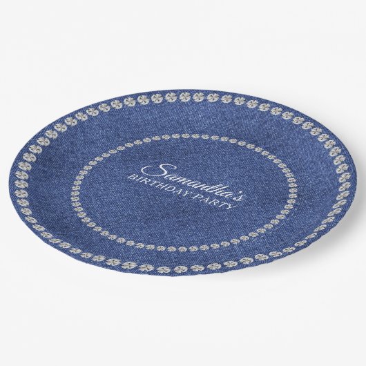 Denim en diamanten Blauwe jeans Bling verjaardagsf Papieren Bordje (Gekanteld)