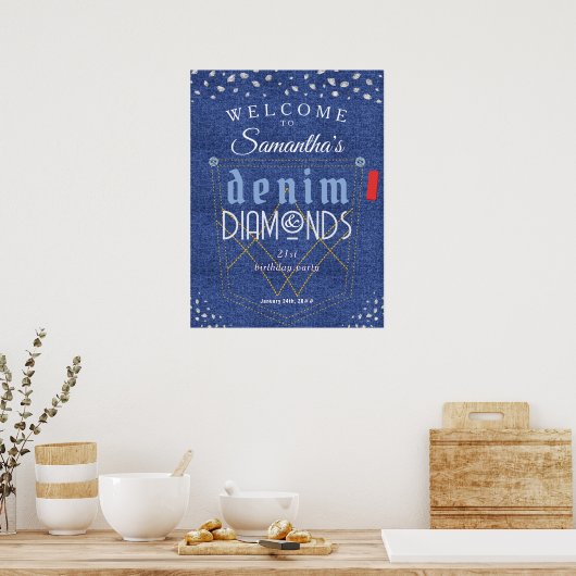 Denim en diamanten Blauwe jeans Bling verjaardagsf Poster (Keuken)