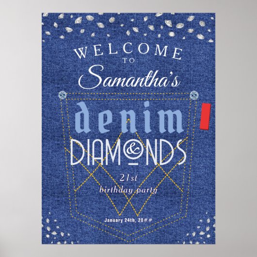 Denim en diamanten Blauwe jeans Bling verjaardagsf Poster (Voorkant)