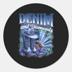Denim En Diamanten Country Western Cowgirl Laarzen Ronde Sticker
