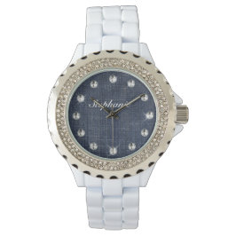 Denim en diamanten gepersonaliseerd horloge