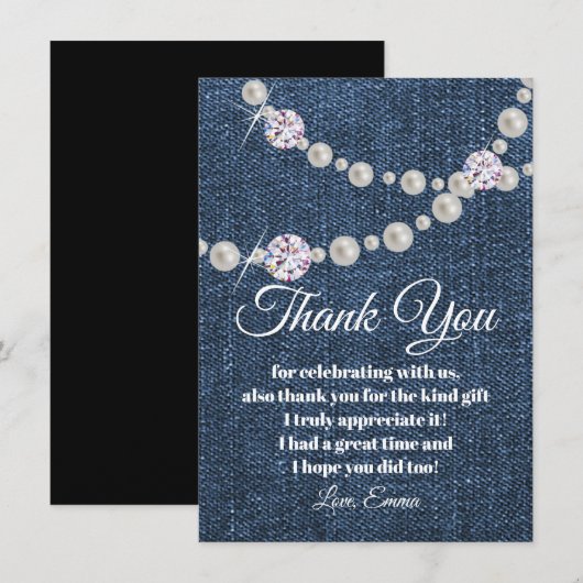 denim en diamanten parel, bedankkaart kaart (Voorkant / Achterkant)