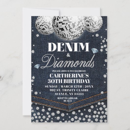 Denim en diamanten volwassen verjaardagsfeest kaart (Voorkant)
