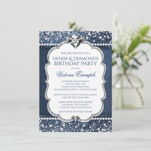 Denim en Diamond Bling Verjaardagsfeestuitnodiging Kaart (Staand voorkant)
