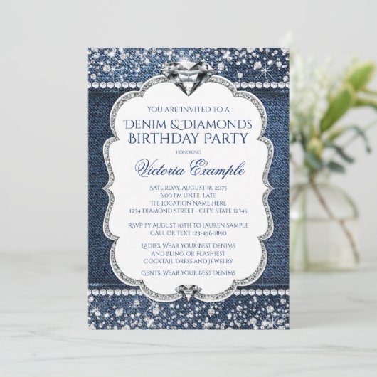 Denim en Diamond Bling Verjaardagsfeestuitnodiging Kaart (Staand voorkant)