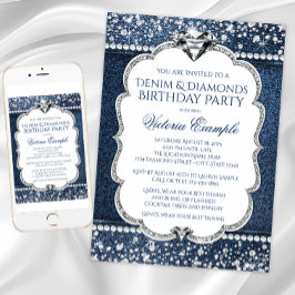 Denim en Diamond Bling Verjaardagsuitnodigingen Kaart