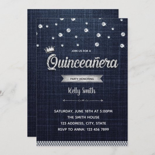 Denim en diamond Quinceañera-uitnodiging Kaart (Voorkant / Achterkant)