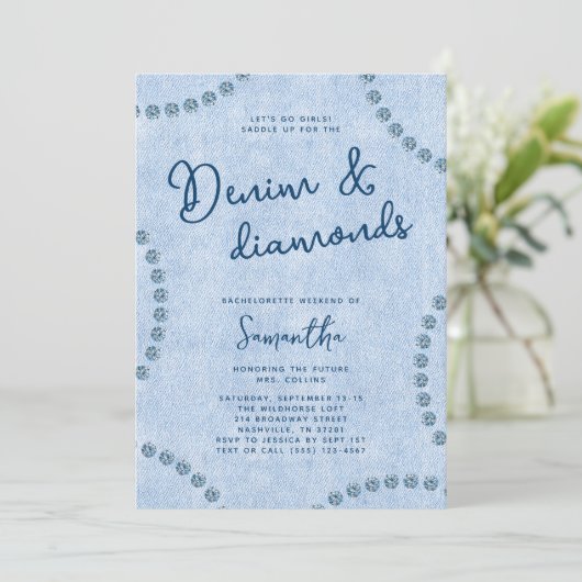 Denim en Diamonds Blauw Westerne vrijgezellenfeest Kaart (Staand voorkant)