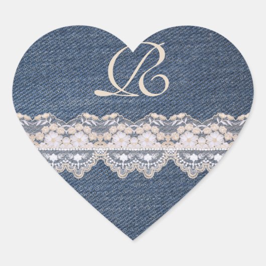Denim en Kant Monogram Envelope Seal Hart Sticker (Voorkant)