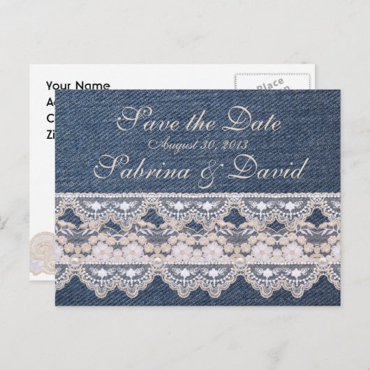 Denim en Kant Save the Date Briefkaart (Voorkant / Achterkant)