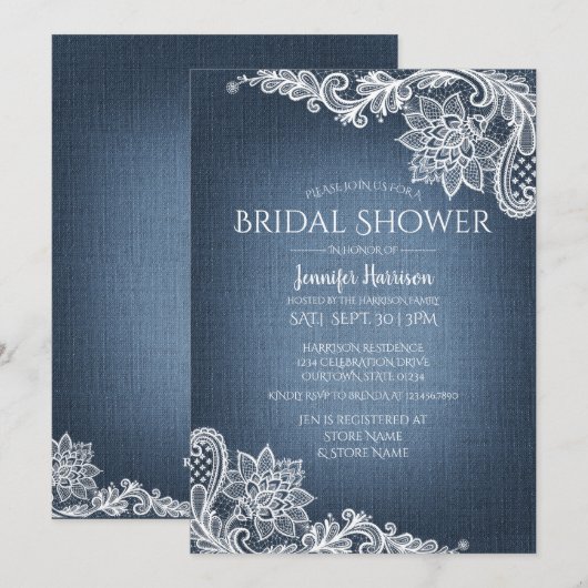 Denim en Lace Bridal Shower Invitation Kaart (Voorkant / Achterkant)