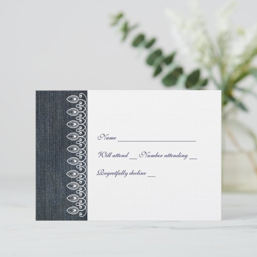 Denim en Lace Rsvp met envelop (Staand voorkant)