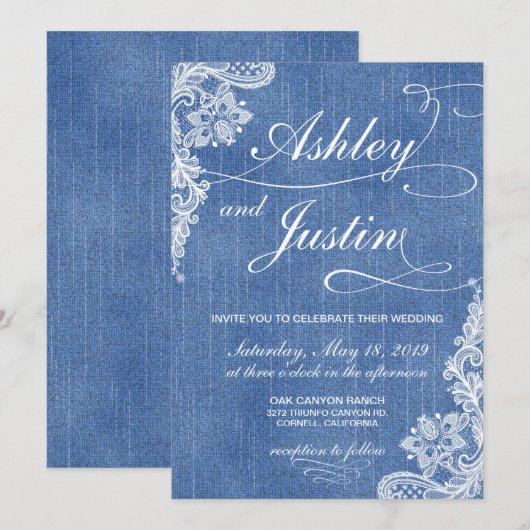 Denim en Lace rustic trouwuitnodiging Kaart (Voorkant / Achterkant)
