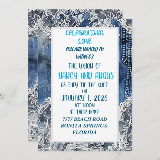 denim en oude kant trouwuitnodiging kaart (Voorkant / Achterkant)