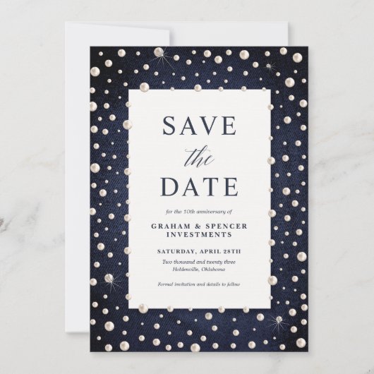 Denim en Parel Save the Date Kaart (Voorkant)